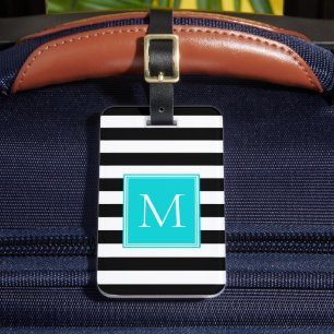Schwarz-Weiß-Streifen mit Aqua-Monogramm Gepäckanhänger