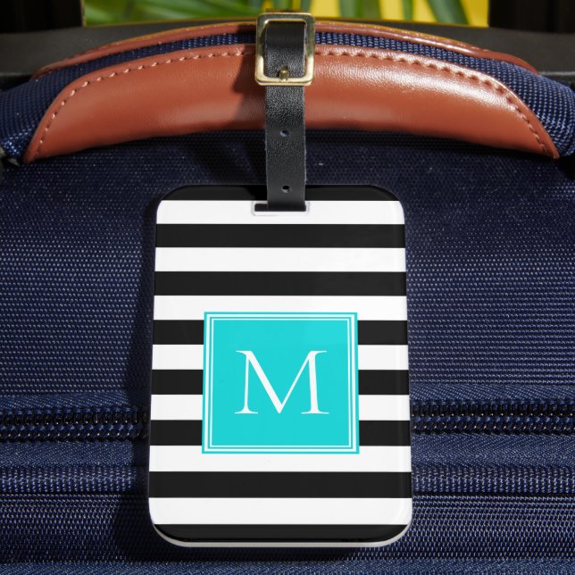 Schwarz-Weiß-Streifen mit Aqua-Monogramm Gepäckanhänger (Vorderseite Insitu 2)
