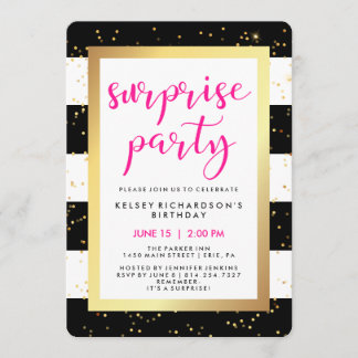 Schwarz-Weiß-Streifen mit goldenem Überraschungs-P Einladung