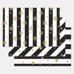 Schwarz-Weiß-Streifen mit Goldfarben Geschenkpapier Set