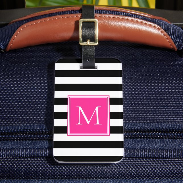 Schwarz-Weiß-Streifen mit hellrosa Monogramm Gepäckanhänger (Vorderseite Insitu 2)