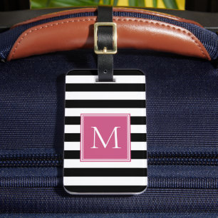 Schwarz-Weiß-Streifen mit hellrosa Monogramm Gepäckanhänger