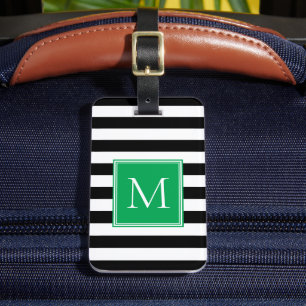 Schwarz-Weiß-Streifen mit Kellygrünem Monogramm Gepäckanhänger