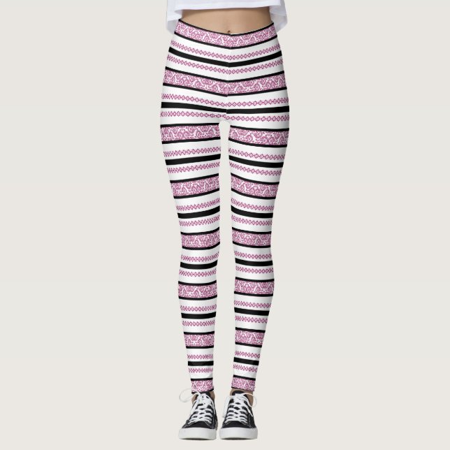Schwarz-Weiß Streifen mit Magenta-Muster Leggings (Vorderseite)