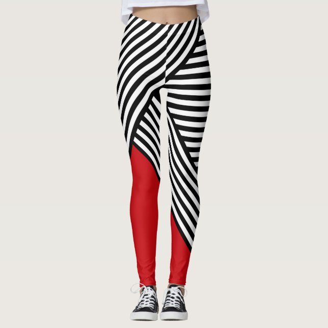 Schwarz-Weiß-Streifen mit rotem Dreieck Leggings (Vorderseite)