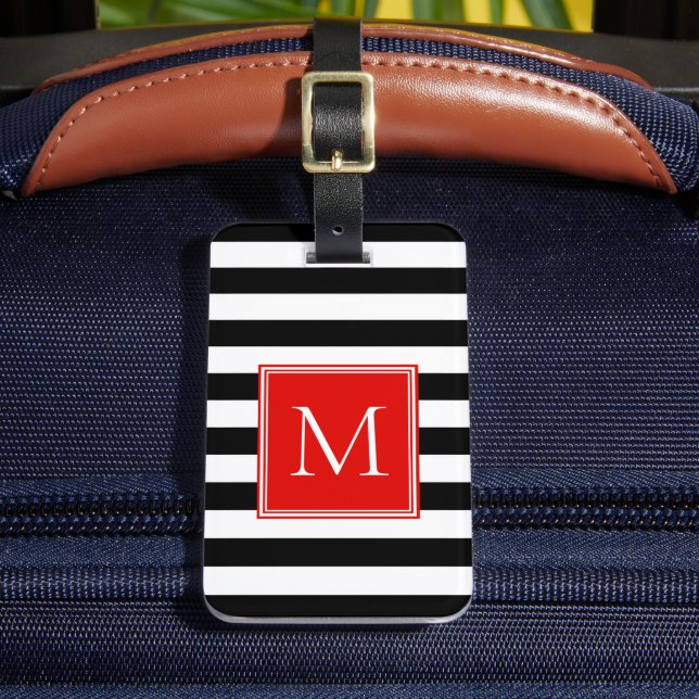 Schwarz-Weiß-Streifen mit rotem Monogramm Gepäckanhänger (Vorderseite Insitu 2)