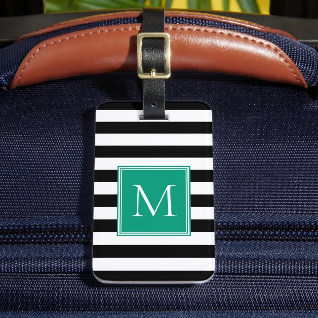 Schwarz-Weiß-Streifen mit Smaragd-Monogramm Gepäckanhänger (Vorderseite Insitu 2)