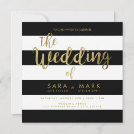 Schwarz-Weiß-Streifen mit Typografie aus Goldfolie Einladung