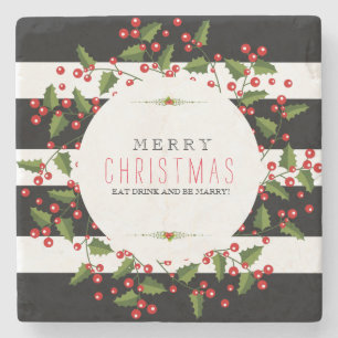 Schwarz-Weiß-Streifen mit Weihnachtskranz Steinuntersetzer