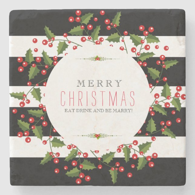 Schwarz-Weiß-Streifen mit Weihnachtskranz Steinuntersetzer (Vorderseite)