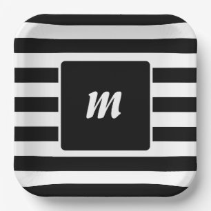 Schwarz-Weiß-Streifen-Monogramm Pappteller