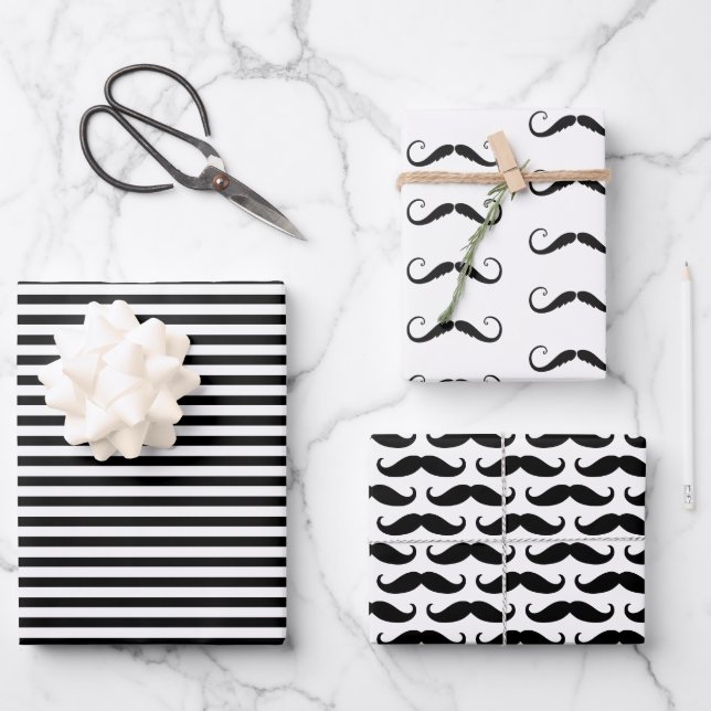 Schwarz-Weiß-Streifen Mustaches Geschenkpapier Set (Vorderseite)