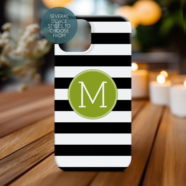 Schwarz-Weiß-Streifen Muster Grüne Monogramm Case-Mate iPhone Hülle (Personalized Phone Case with Monogram)