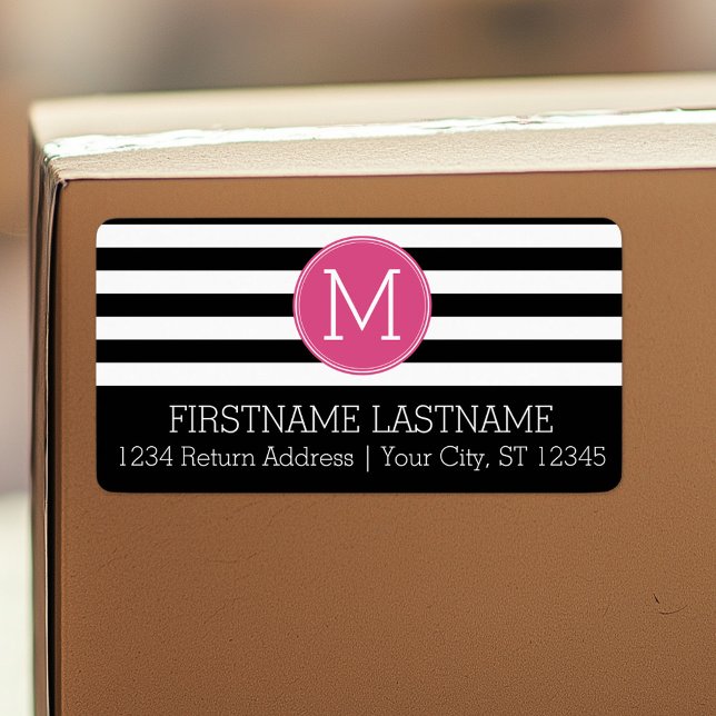 Schwarz-Weiß-Streifen Muster - Hot-Pink-Monogramm Adressaufkleber (Personalized return address label)
