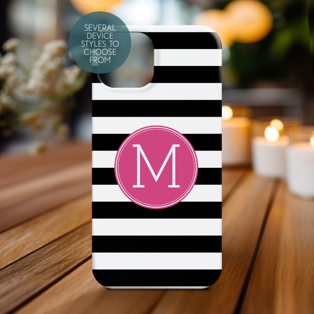 Schwarz-Weiß-Streifen Muster - Hot-Pink-Monogramm Case-Mate iPhone Hülle (Personalized Phone Case with Monogram)