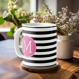 Schwarz-Weiß-Streifen Muster - Hot-Pink-Monogramm Kaffeetasse