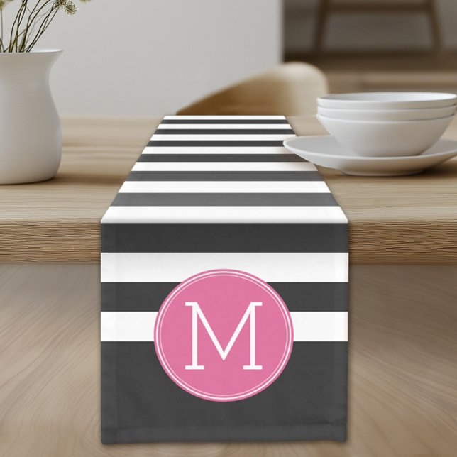 Schwarz-Weiß-Streifen Muster - Hot-Pink-Monogramm Kurzer Tischläufer (Custom Table Runner)