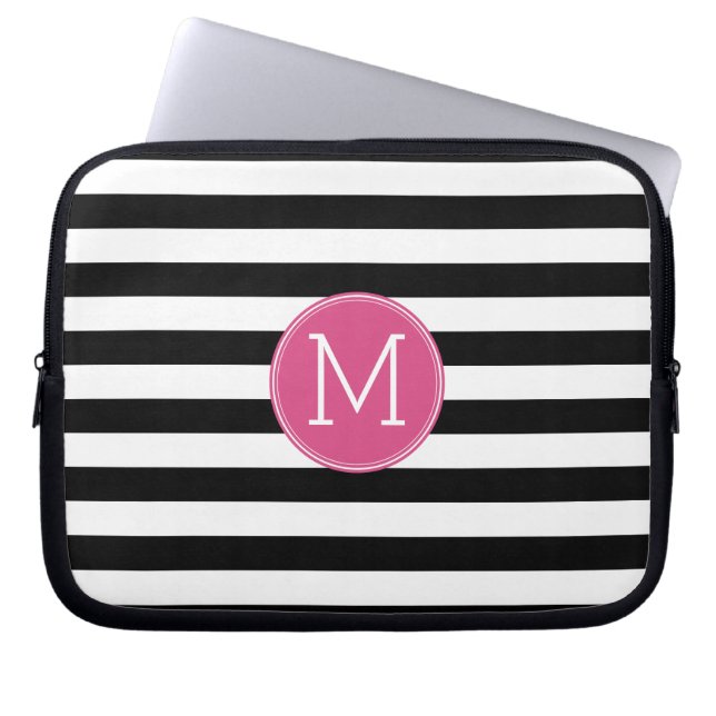 Schwarz-Weiß-Streifen Muster - Hot-Pink-Monogramm Laptopschutzhülle (Vorderseite)