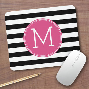 Schwarz-Weiß-Streifen Muster - Hot-Pink-Monogramm Mousepad
