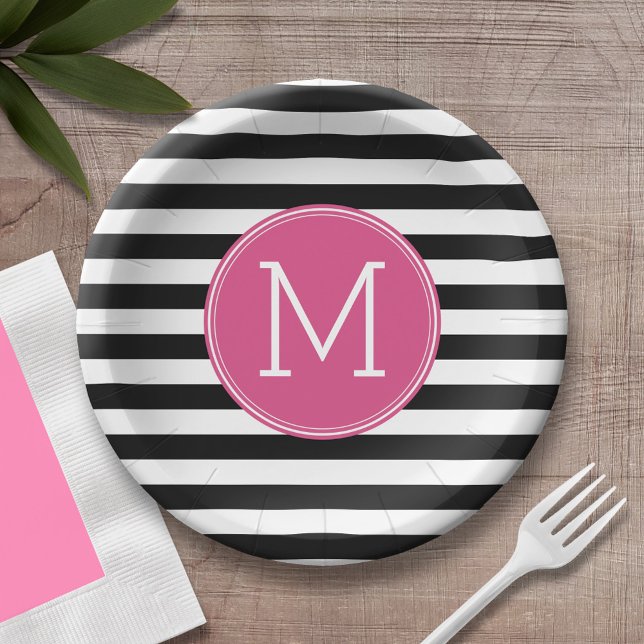 Schwarz-Weiß-Streifen Muster - Hot-Pink-Monogramm Pappteller (Personalized party plate with area for monogram)