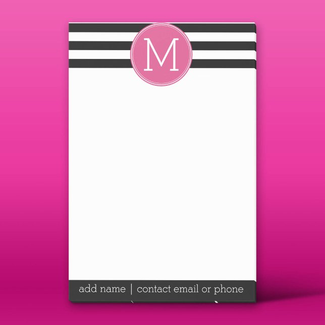 Schwarz-Weiß-Streifen Muster - Hot-Pink-Monogramm Post-it Klebezettel (Custom Post-it Notepad)