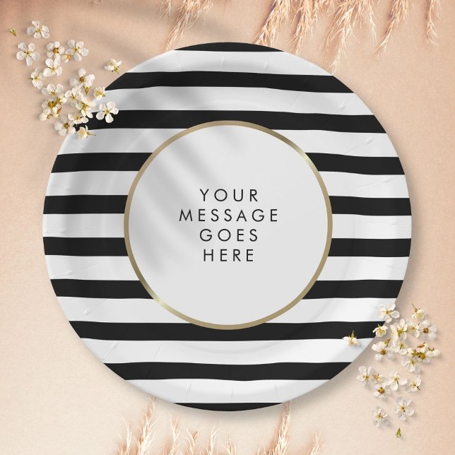 Schwarz-Weiß-Streifen Personalisiert Pappteller (Black and White Stripe Gold Personalized Paper Plates)