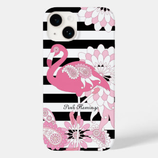 Schwarz-Weiß-Streifen Pink Flamingo Case-Mate iPhone 14 Hülle