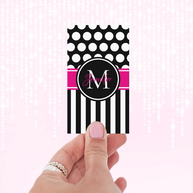 Schwarz-weiß Streifen Polka Dot Hot Pink Monogramm Visitenkarte (Black White and Hot Pink Monogram Business Cards)