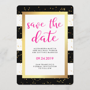 Schwarz-Weiß-Streifen Save the Date mit Gold
