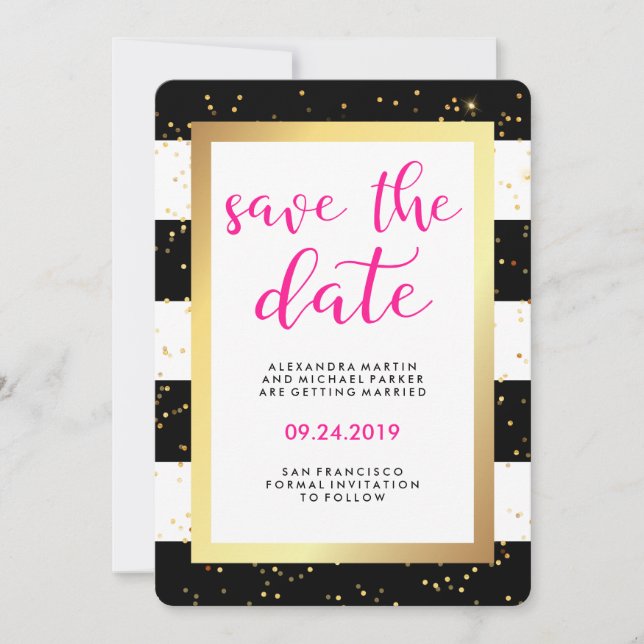Schwarz-Weiß-Streifen Save the Date mit Gold (Vorderseite)