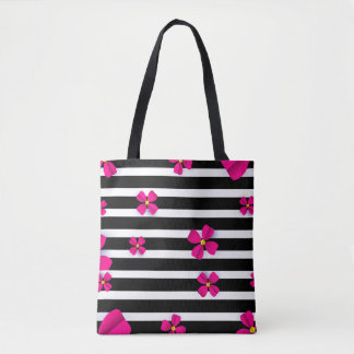 Schwarz-Weiß-Streifen Tasche mit rosa Blume