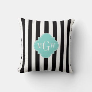 Schwarz Weiß Streifen Türkis Quatrefoil 3 Monogram Kissen