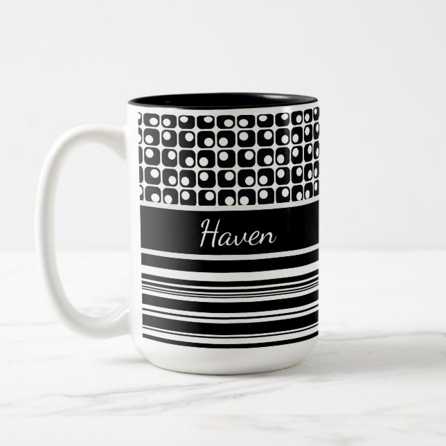 Schwarz-Weiß-Streifen und Retro-Quadrate Personali Zweifarbige Tasse (Links)