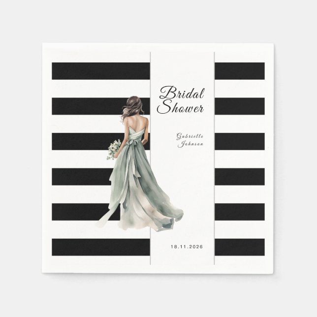 Schwarz-Weiß-Streifen Wasserfarbenes Brautparty Serviette (Vorderseite)