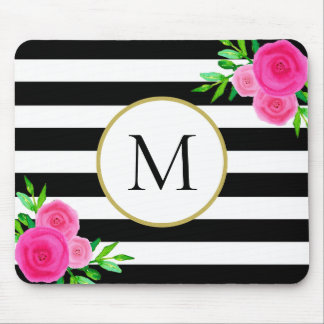 Schwarz-weiß Strickfarbene Floral Monogramm Mousepad