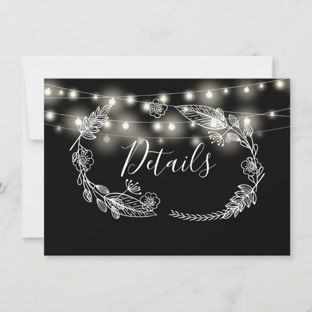 Schwarz-Weiß-String-Leuchten Hochzeitsdetails-Kart Einladung (Vorderseite)