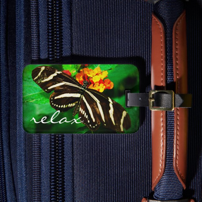 Schwarz-weiß Strip Butterfly Foto Relax Script Gepäckanhänger (Vorderseite Insitu 4)