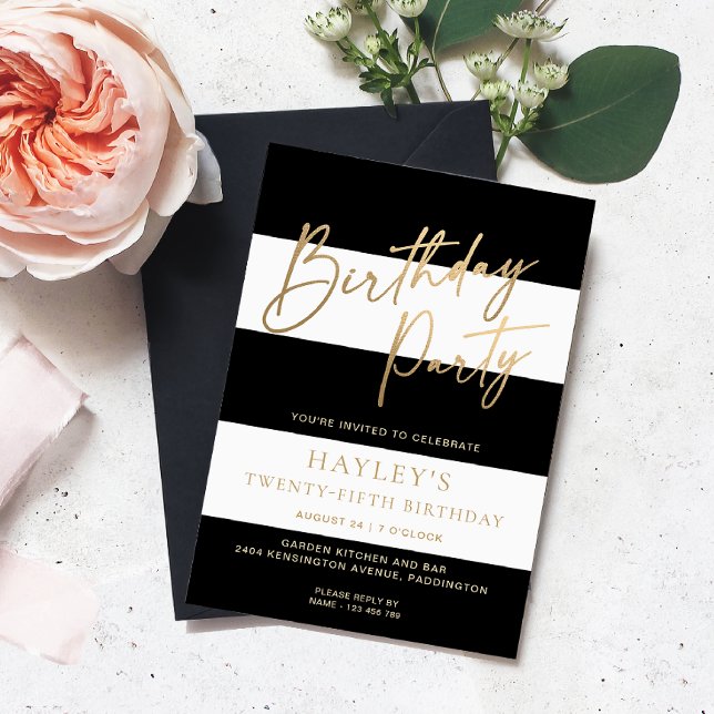 Schwarz-weiß Strip Gold Geburtstag Einladung (Birthday Party Invitation)