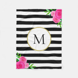 Schwarz-weiß Strip Pink Aquarellfarbenmonogramm Fleecedecke