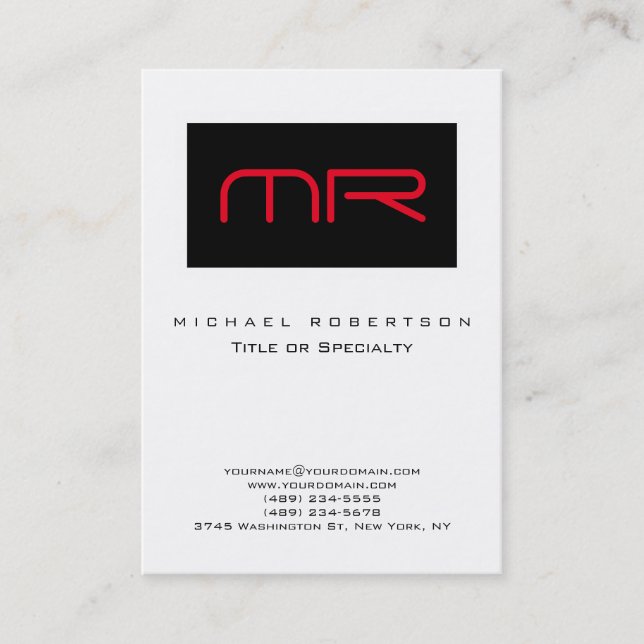 Schwarz-weiß Strip Red Monogram Business Card Visitenkarte (Vorderseite)
