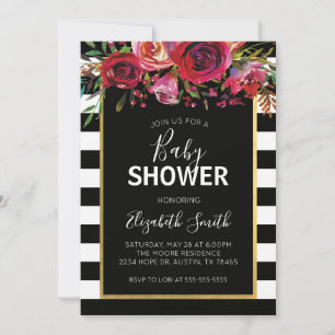 Schwarz-weiß Stripe Floral Baby Dusche Einladung