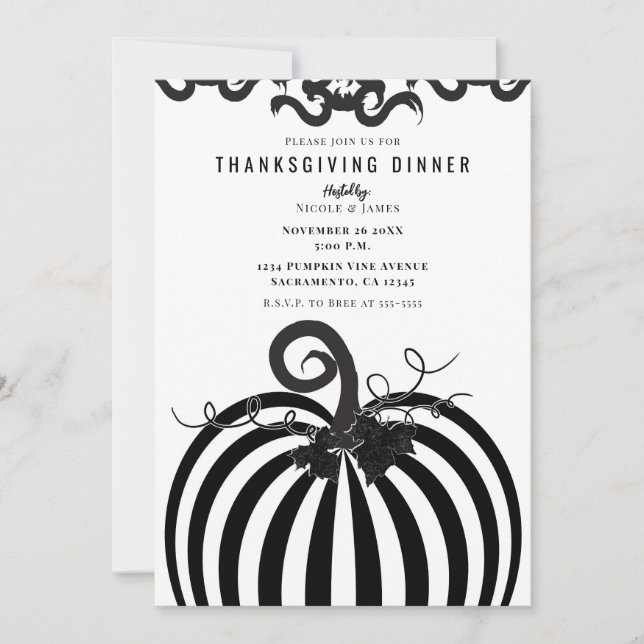 Schwarz-weiß Striped Pumpkin Erntedank Dinner Einladung (Vorderseite)
