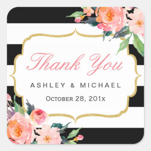 Schwarz-weiß Stripes Floral Gastgeschenk Hochzeit  Quadratischer Aufkleber