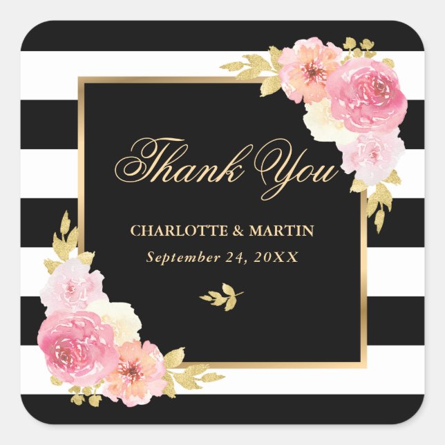Schwarz-weiß Stripes Gold Floral Wedding Vielen Da Quadratischer Aufkleber (Vorderseite)