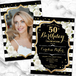 Schwarz-weiß Stripes Gold Foto 50. Geburtstag Einladung<br><div class="desc">Elegante florale feminine 50. Geburtstagseinladung mit Ihrem Foto auf der Kartenrückseite. Glam Schwarz-weißes Design mit Imitaten Glitzer Gold. Enthält schwarz-weiße Streifen, Rose, Skript-Schriftart und Konfetti. Ideal für ein stilvolles Party für Erwachsene. Personalisieren Sie Ihre persönlichen Daten. Kann für jedes Alter angepasst werden! Gedruckte Zazzle Einladungen oder Sofortdownload digitalen druckbaren Vorlage....</div>
