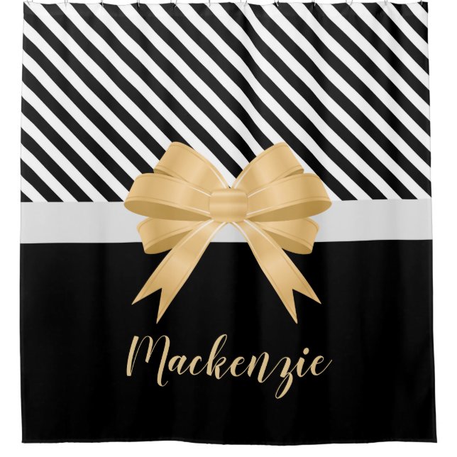 Schwarz-weiß Stripes Goldem Bow Duschvorhang (Vorderseite)