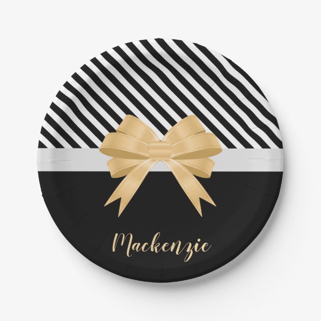 Schwarz-weiß Stripes Goldem Bow Pappteller (Vorderseite)