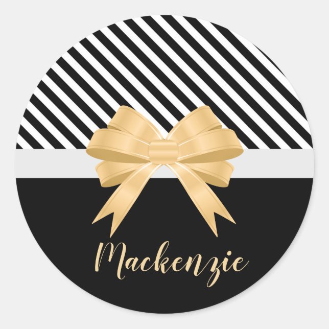 Schwarz-weiß Stripes Goldem Bow Runder Aufkleber (Vorderseite)