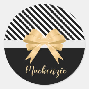 Schwarz-weiß Stripes Goldem Bow Runder Aufkleber