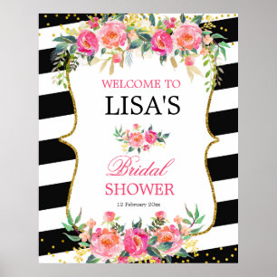 Schwarz-weiß Striptes rosa Blumenschild Poster